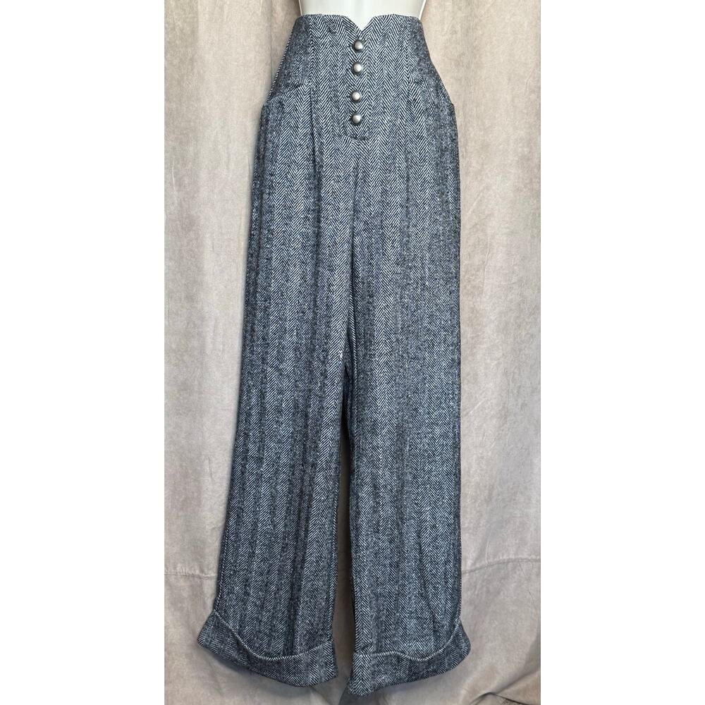 Unique Vintage 1940s Black White Woven Wide Leg  Pants with Cuffs M NWT - Picture 6 of 13